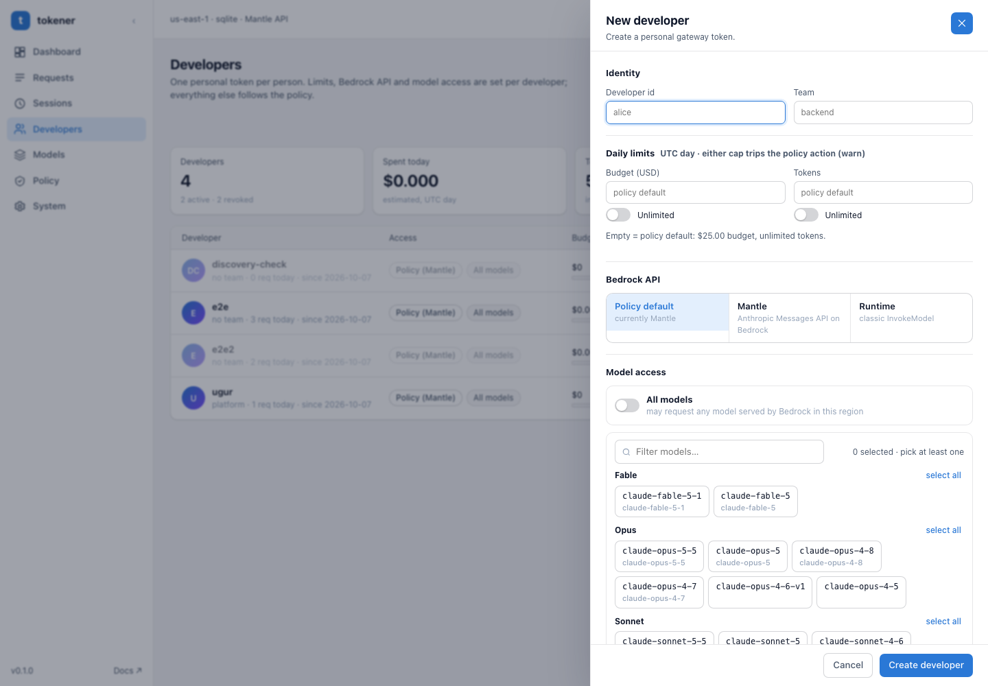 Creating a developer with daily budget, token limit, Bedrock API and model access