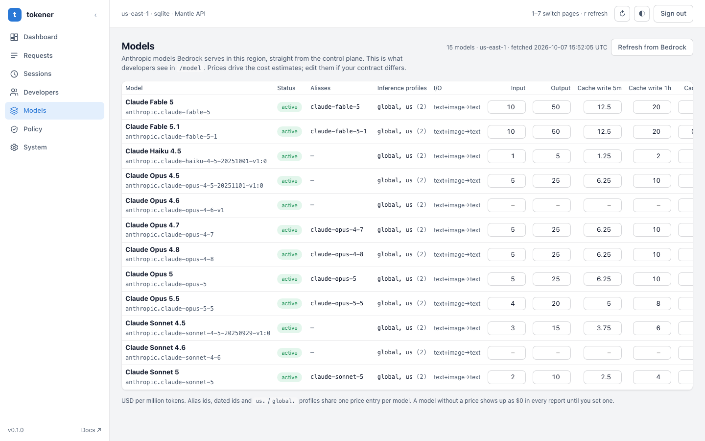 Live Bedrock model catalog with editable per-million-token prices