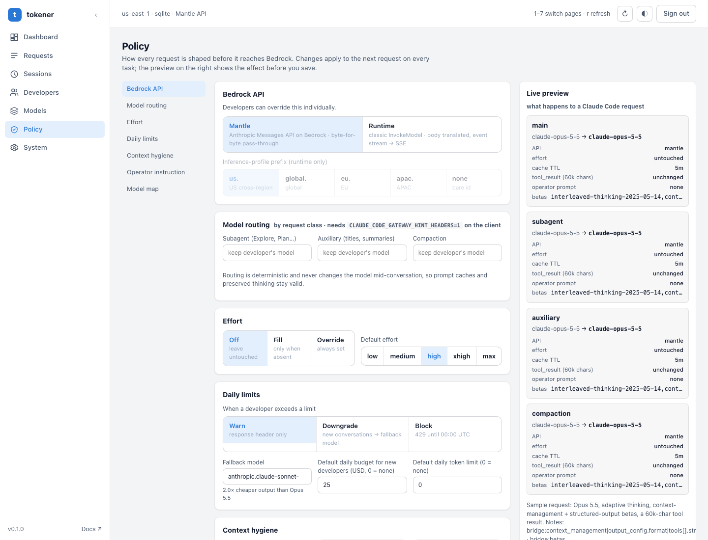 tokener policy editor with live preview of how each request class is transformed